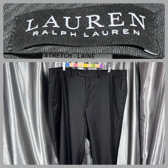 Ralph‎ Lauren 100% Wool Pants 44x30 Straight Classic Career Black Luxury Modern - Picture 1 of 10
